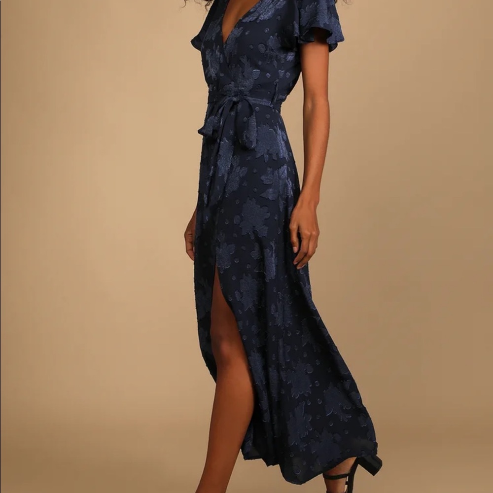 LuLu’s Navy Jacquard Front-Wrap Maxi Dress